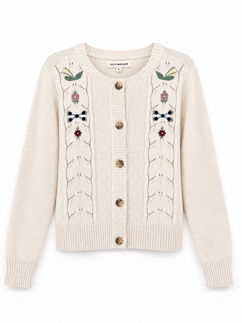 NWT Lucky Brand Ivory-Cream Floral Embroidered Pointelle Cottagecore Cardigan XL